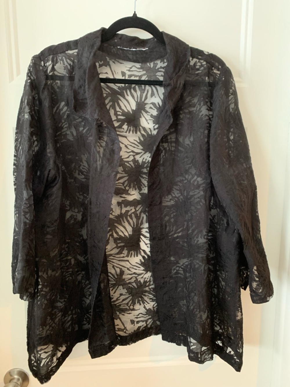 Women's dressy black  Sheer Floral Lace Open Front blouse